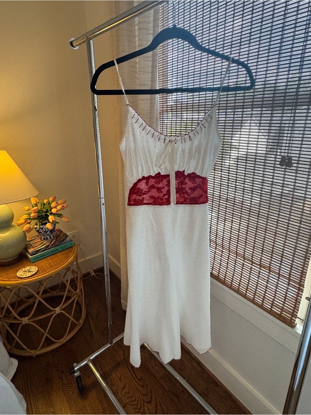 Vintage Betsey Johnson White Midi Dress with Red Lace Waistband